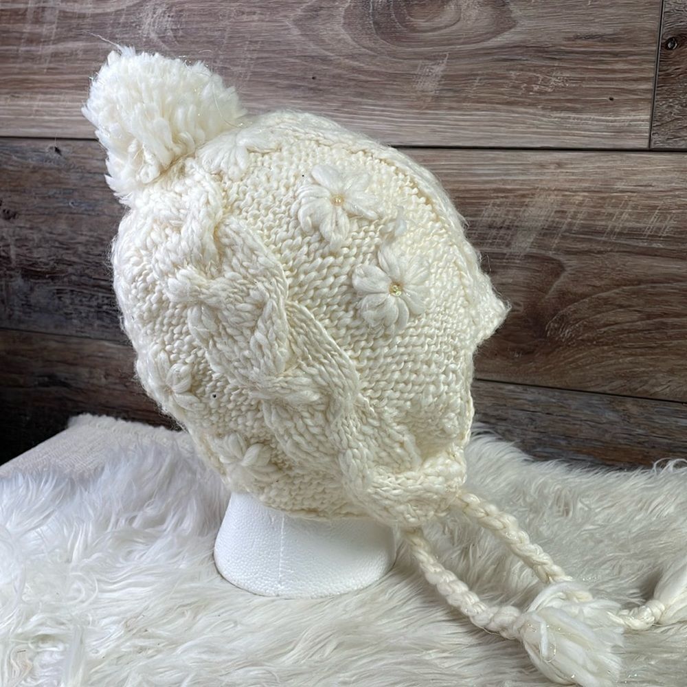 Knitted Ear Flap Beanie Youth Hat , Youth Size 8-16, Off White